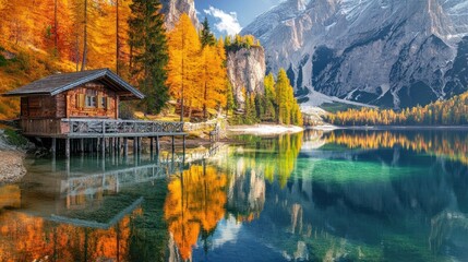 Fototapeta premium A picturesque view of Lake Braies, nestled among the rugged peaks of the Dolomites, with vibrant autumn colors reflected in the crystal-clear waters.
