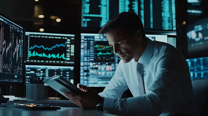 Fototapeta premium Financial Analyst Studying Stock Market Data on Tablet