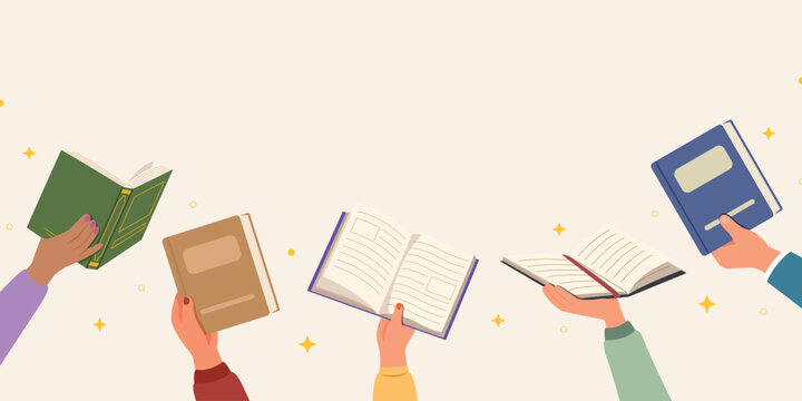 Template book in hands, Concept of reading and literature. Education and knowledge vector concept. Banner hands holding books, library day.