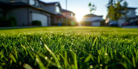 typical suburb background. early morning autumn. front yard. Soft focus shallow depth of field background.
