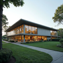 Modern glass office building at sunset with warm lighting