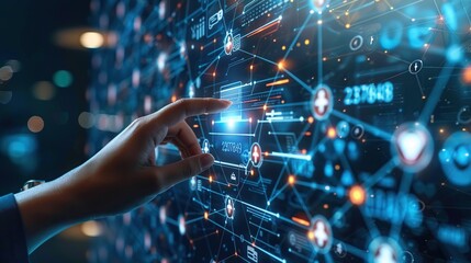 Digital Network Interaction: A Hand Navigates a Complex Web of Data