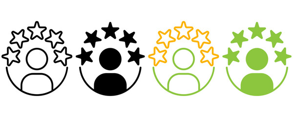 Customer feedback icon with five star satisfaction rating. Set of customer experience flat vector icons of different styles and colors