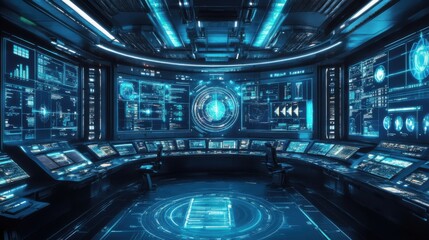Obraz premium Virtual Futuristic Control Room with Holographic Displays - 3D Illustration of Advanced Technology Concept
