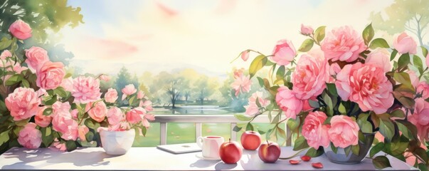 Online vendor, product listings, digital sales platform, Watercolor style