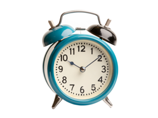 a blue alarm clock with bells