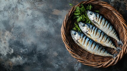 A rustic presentation of mackerel in a basket, set against a clean background with generous space for advertising or promotional content.