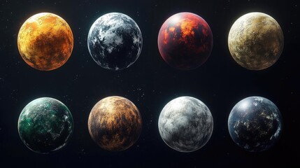 A captivating collection of diverse planets showcasing unique textures and colors, perfect for sci-fi and space-themed projects.