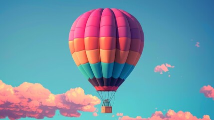 Fototapeta premium Colorful hot air balloon floating in the sky during sunset, surrounded by pink clouds. A beautiful and serene aerial scene.