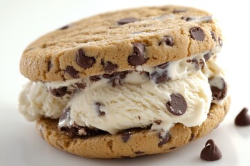 Chocolate Chip Ice Cream Sandwich. Delicious Dessert Food with Chocolate and Vanilla Cream