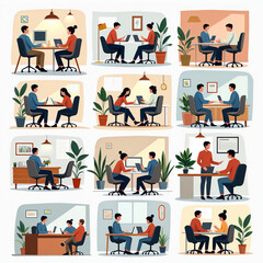 Fototapeta premium Collection of Illustrated Office Meeting Scenes with Diverse Characters