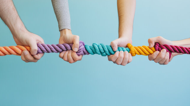 Team rope diverse strength connect partnership together teamwork unity communicate support. Strong diverse network rope team concept integrate braid color background cooperation empower power.