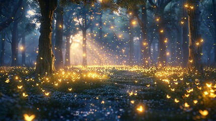 Lush Forest Bathed in Golden Summer Sunlight from Low Angle