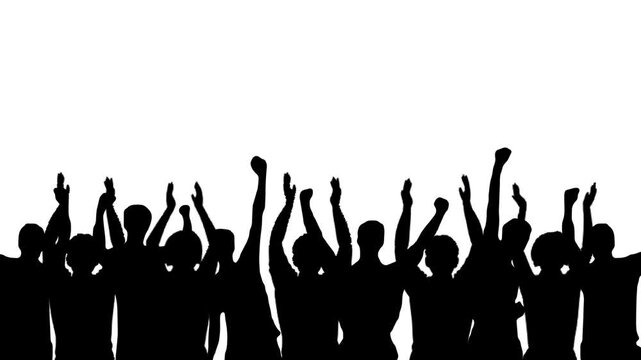 Animated Cartoon Crowd of Spectators Silhouettes on White Screen Background.