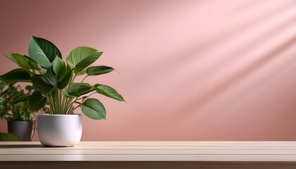 Fototapeta premium White potted plant site on wooden table on soft pink background.