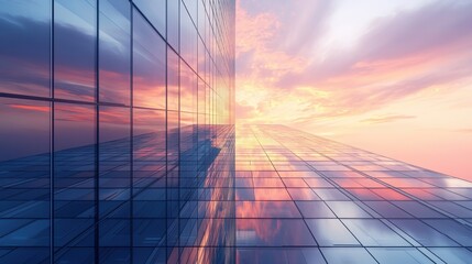 Futuristic Skyscraper Glowing in Vibrant Sunset - 3D Render of Contemporary Urban Architecture with Reflective Glass Walls