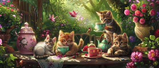 Charming tea party scene with playful kittens in a vibrant flower garden surrounded by nature and butterflies