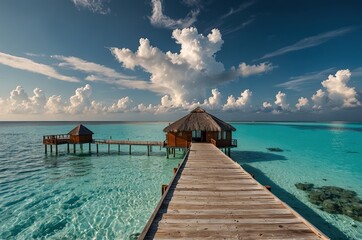 Beautiful tropical Maldives island scene blue sea, blue sky holiday vacation vertical background.