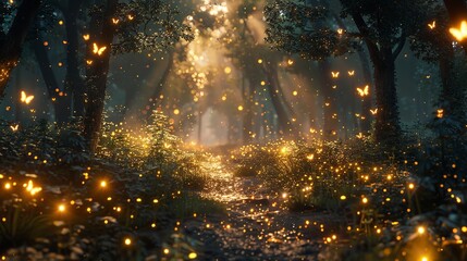 Lush Forest Bathed in Golden Summer Sunlight from Low Angle