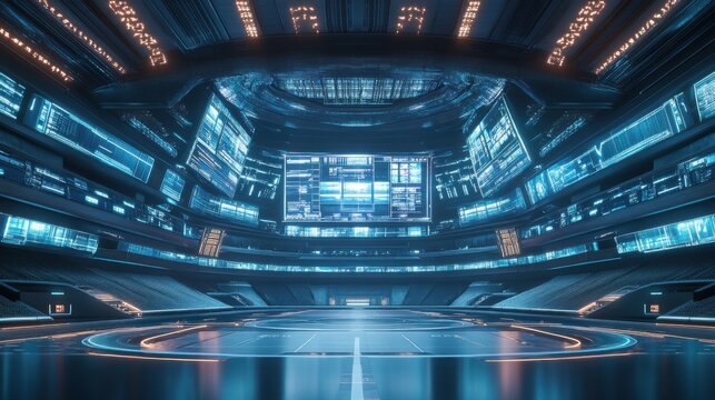 Futuristic Sports Arena with Sleek Architecture and Digital Displays, 3D Illustration