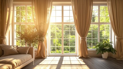 Fototapeta premium A serene, sunlit room with elegant drapes framing large windows, a comfortable sofa, and a peaceful, inviting ambiance.