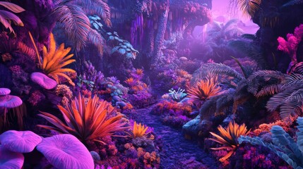 Obraz premium Extraterrestrial Paradise: Vibrant 3D Illustration of an Alien Jungle with Bizarre Flora and Stunning Colors