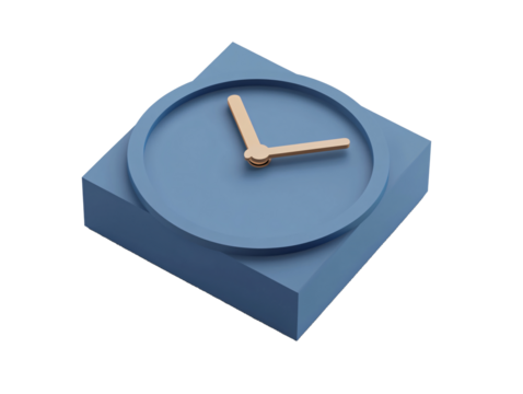 a blue square clock with a gold hand