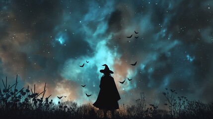 Fototapeta premium Spooky halloween night with a mysterious witch in silhouette, bats flying behind her against a starry sky. Perfect for a creepy october celebration