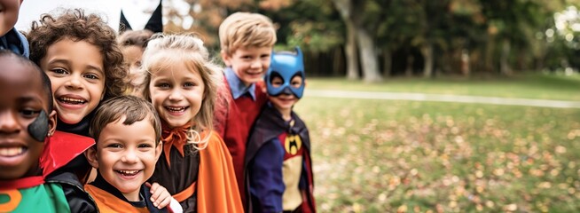 Happy diverse children wearing halloween costumes, smiling and having fun together in a park, during a beautiful autumn day