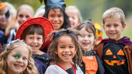 Fototapeta premium Excited children are smiling and wearing their halloween costumes while enjoying a trunk or treat celebration with their friends