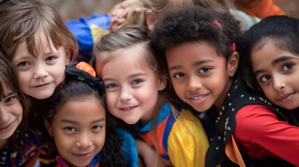 Fototapeta premium Children in halloween costumes hugging happily in a park, representing diversity and unity, capturing the spirit of the festive season