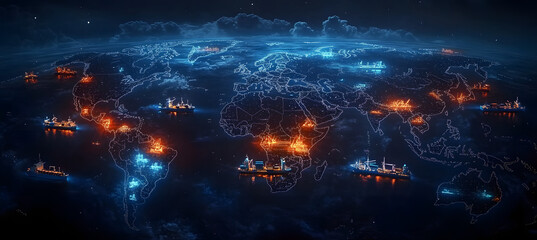 World map showing logistic network distribution and cargo ships delivering containers at the port. Background for an international delivery concept.