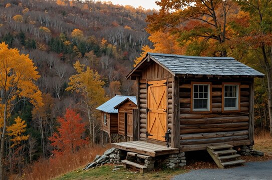 Kabin kayu pedesaan, teras depan dan matahari terbenam, Cumberland Gap Natl Park