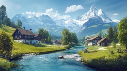 A serene Swiss countryside view, with a sparkling river stream, cozy houses, and the majestic Alps in the background, creating a perfect postcard image.