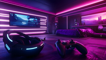 An advanced VR gaming setup futuristic headset immersive gameplay neon lights sleek controllers  Generative AI
