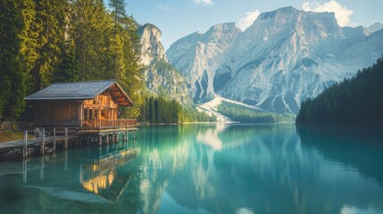 Obraz premium A serene view of Lake Braies surrounded by towering mountains and dense forests, reflecting the calm, turquoise waters. A perfect nature escape in the heart of the Dolomites.