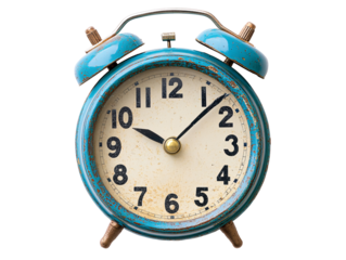 a blue alarm clock with bells