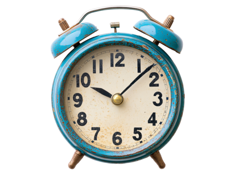 a blue alarm clock with bells