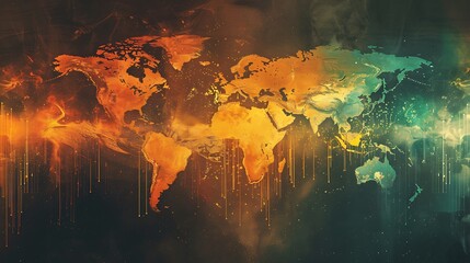 Fototapeta premium A panoramic view of a global temperature rise chart from 2020 to 2040, projected data points showing steep increase, intense colors, backdrop of drought-stricken land, clear and impactful visuals,