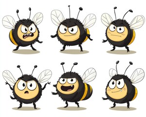 Angry Bees. Cartoon Illustration of Black and White Bees in Various Emotions