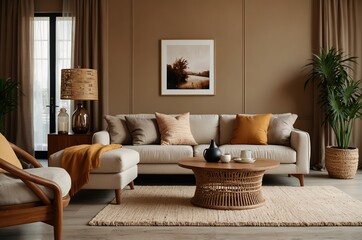 Warm composition of living room interior with beige sofa, wooden coffee table, rattan sideboard, partition wall, lamp, beige carpet, stylish armchair and personal accessories. 
