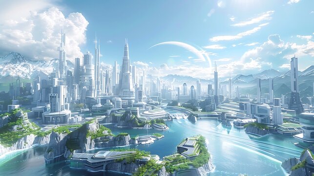 A panoramic view of the city skyline in the 2060s, fully integrated smart city, futuristic buildings with eco-friendly designs, autonomous vehicles, vibrant and utopian urban environment,