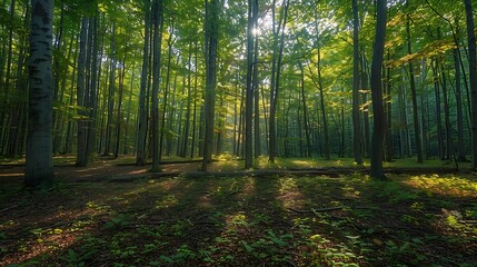 Fototapeta premium A wide-angle photograph of a forest canopy in late summer, leaves starting to show hints of yellow and orange, warm golden light of late afternoon, a few fallen leaves on the forest floor, hd quality,