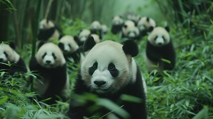 Fototapeta premium A wide-angle shot of a slightly larger group of pandas in the 1990s, more abundant bamboo forest, young pandas playing, bright and vibrant environment, mid-morning light, hd quality, natural look.