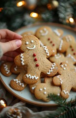 child's hand reaches for a gingerbread man from a plate by the Christmas tree