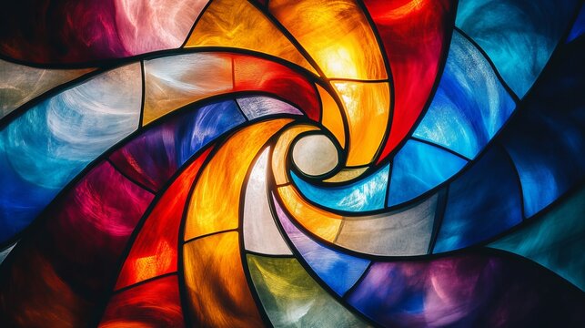 Colorful swirling stained glass art in a sunlit church interior