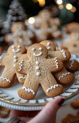 child's hand reaches for a gingerbread man from a plate by the Christmas tree