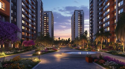 Obraz premium Evening view of modern residential complex with landscaped gardens