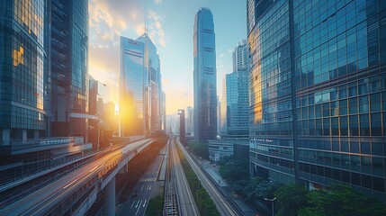 Fototapeta premium A wide-angle shot of the city skyline in the 2010s, numerous glass skyscrapers, advanced public transportation systems, vibrant and energetic atmosphere, morning light reflecting off buildings,