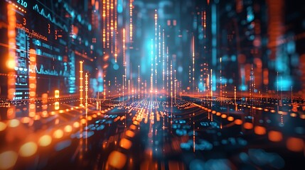 A wide-angle view of a digital stock market chart, highlighting the significant milestones and spikes in stock growth over ten years, modern and sleek design, dynamic and energetic atmosphere,